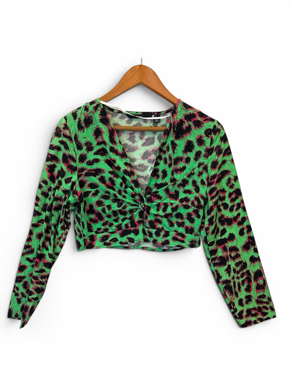 Vero Moda green and pink leopard print twist-front crop top